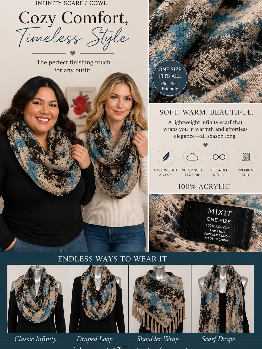Tahari: Teal & Beige Infinity Scarf - Cozy Acrylic Cowl